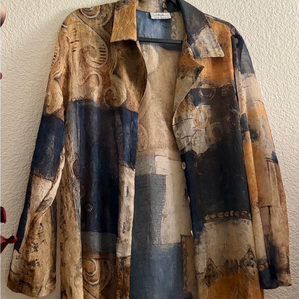 Geometric Abstract Lightweight Flowy Duster Jacket  - Blue & Gold Size L